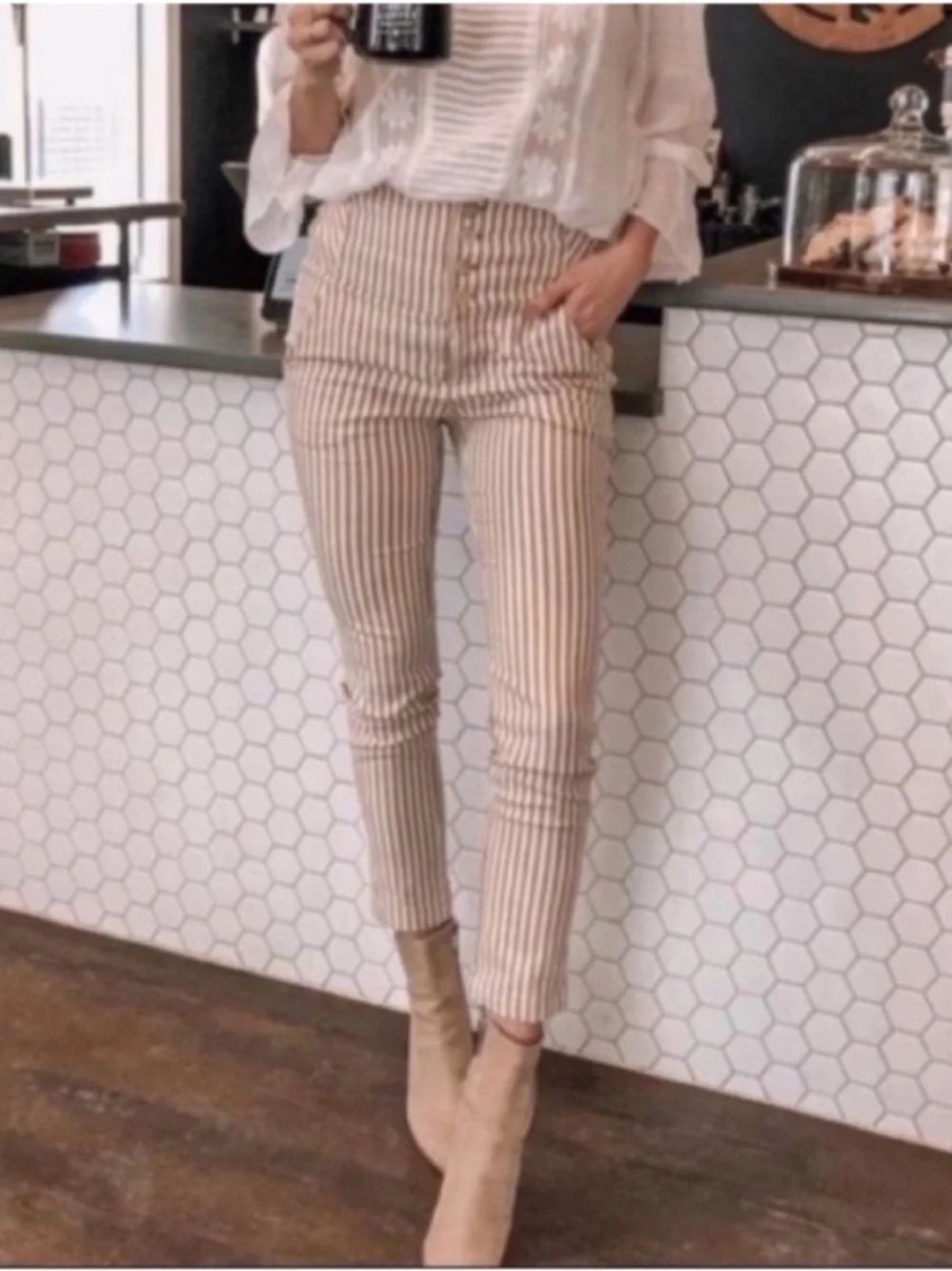 Free People Frankie High Waist Striped Ankle Pants khaki and ivory size eight 8
